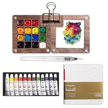 Imagem de Facdiary Mini conjunto de aquarela de viagem para artista de bolso, aquarela, conjunto de viagem, caixa de paleta de grade, canetas de pincel de livro de esboço com clipes de fichário para pintores