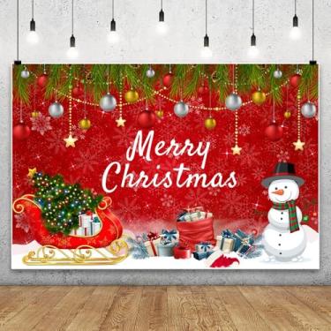 Imagem de 3 x 2,4 m Feliz Natal pano de fundo vermelho boneco de neve trenó bolas de Natal floco de neve fotografia fundo para férias sazonais ano novo decoração festa família suprimentos foto retrato adereços