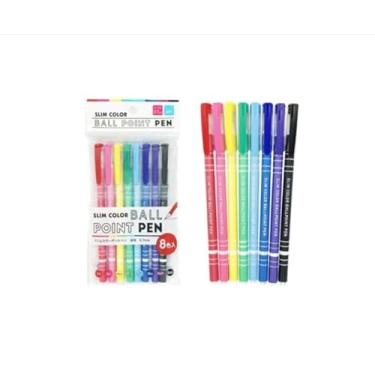 Imagem de CYBER RECORDS Canetas esferográficas de cor fina, pacote com 8, conjunto de escrita multicolorido, pontas à base de óleo de 0,7 mm para diário escolar e escritório