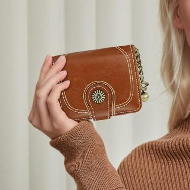 Imagem de Carteira feminina vintage pequena, bolsa feminina moderna de grande capacidade com janela de identificação e pingente, Marrom, Vintage