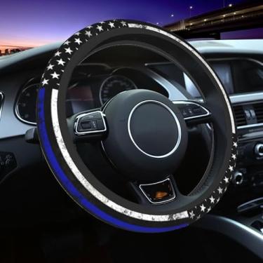 Imagem de Capa de volante com bandeira de linha azul fina - Retro America Thin Blue Line Flag Acessórios para carro Universal 38 cm Capa protetora de volante antiderrapante de neoprene para homens