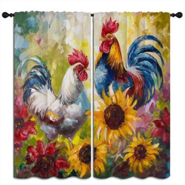Imagem de Cortinas blackout de frango para meninos e meninas, decoração de casa, animais de fazenda, girassóis, colorido, floral, pintura a óleo, arte, isolamento térmico, bolso para varão, escurecimento de