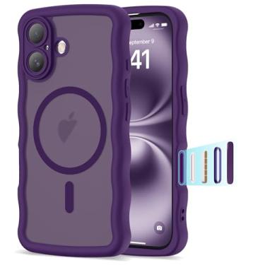 Imagem de BTBTCASE Capa compatível com iPhone 16 de 6,1 polegadas 2024, linda moldura ondulada kawaii à prova de choque translúcida fosca protetora magnética 16 para mulheres e meninas, roxa