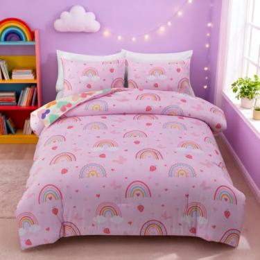 Imagem de Btargot Conjunto de edredom leve e macio de 3 peças com 2 fronhas, desenho animado de borboleta, folhas, flores, conjunto de cama para meninas, meninos e crianças, rosa completo