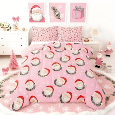 Imagem de jejeloiu Conjunto de edredom de Natal rosa, tamanho casal, com desenho de Papai Noel, para crianças, meninos, meninas, floco de neve, decoração de Natal, decoração de quarto de microfibra, 3 peças com