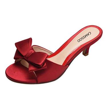 Imagem de Camssoo sandália feminina de salto gatinha, com laço de corte e bico aberto, salto baixo, mules, Wine Red Satin, 6