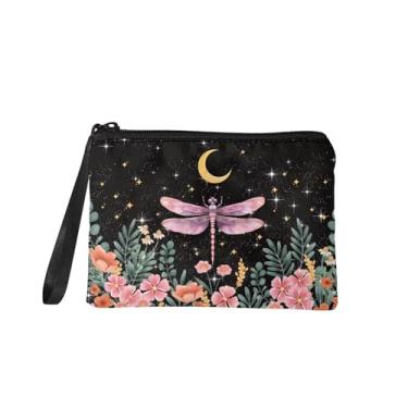 Imagem de Bolsa feminina pequena para moedas, porta-moedas, porta-cartões com zíper, porta-chaves, bolsa de maquiagem, Libélula rosa floral, P