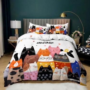 Imagem de AILONEN Jogo de cama de gato Kawaii para crianças, adolescentes, meninas, conjunto de capa de edredom com estampa de gatinho fofo, tamanho king, 3 peças, capa de edredom com tema animal com 2 fronhas