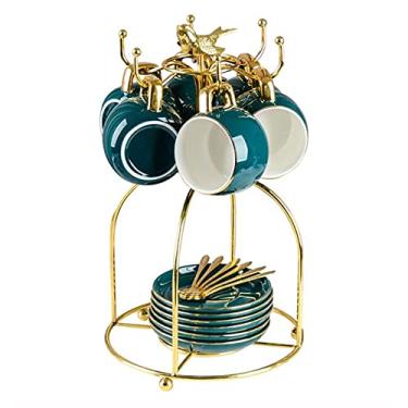 Imagem de HHHJQFAAT Conjunto de canecas de café de cerâmica, 170 g e pires 6, 6 colheres, com suporte de xícara de café Golden Bird Chávenas de chá extravagantes, chá de flores (A) (A)