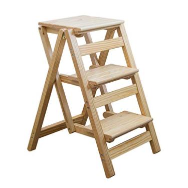 Imagem de Banqueta dobrável de madeira, cadeira de escada dobrável para biblioteca, escada de madeira, cadeira de escada doméstica, capacidade de 200 kg, antiderrapante, pedal largo e resistente (3 degraus de