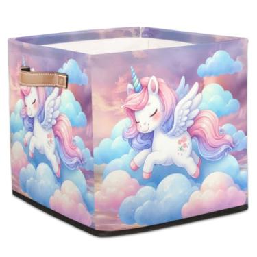 Imagem de hongjinglin Cestos dobráveis de armazenamento de cubo de unicórnio, cestos dobráveis de céu fofo, brinquedo infantil com alças, organizador de tecido, cesto organizador para berçário, sala de estar
