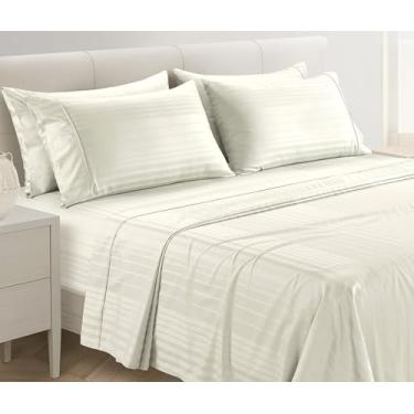 Imagem de Casa Platino Conjunto de lençóis 100% algodão tamanho casal - 6 peças (1 lençol liso, 1 elástico, 4 fronhas) - Listrado 500 fios - Conjunto de lençóis de cama de cetim ultra suave, mínimo de bolinhas