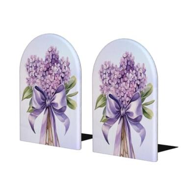 Imagem de Flor roxa elegante grande suporte de livros de madeira decorativo antiderrapante resistente terminais de livros para escritório mesa de escritório em casa biblioteca escola estudo decoração divisórias