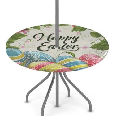 Imagem de hongjinglin Toalha de mesa de Páscoa para uso ao ar livre com orifício para guarda-chuva, toalha de mesa redonda elástica com zíper, impermeável, limpável, para piquenique, festa, pátio, serve para