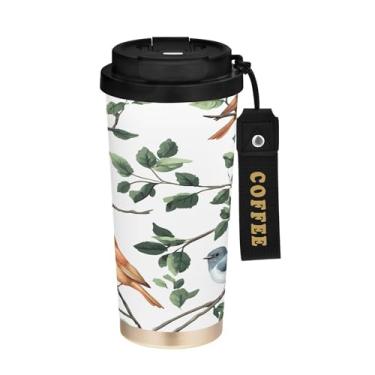 Imagem de SEHANY Caneca de café de viagem Flores e pássaros de 482 g com tampa revestida de cerâmica e à prova de vazamento, parede dupla, copo de aço inoxidável isolado a vácuo para bebidas quentes e frias