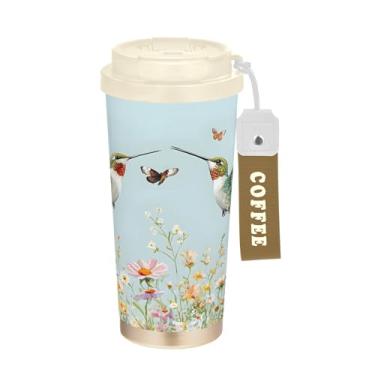 Imagem de SEHANY Caneca de viagem de pássaro colorida de 482 g Copos de café reutilizáveis revestidos de cerâmica com tampa à prova de vazamento, parede dupla, copo de café de aço inoxidável isolado a vácuo