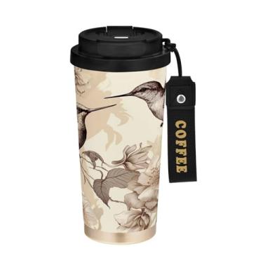 Imagem de SEHANY Caneca de café de viagem Flores e pássaros de 482 g com tampa revestida de cerâmica e à prova de vazamento, parede dupla, copo de aço inoxidável isolado a vácuo para bebidas quentes e frias