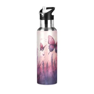Imagem de ATTX Garrafa de água de aço inoxidável com canudo, design de campo de lavanda com borboletas, 590 ml, garrafa de água esportiva sem BPA para academia, trabalho, atividades ao ar livre e viagens #116