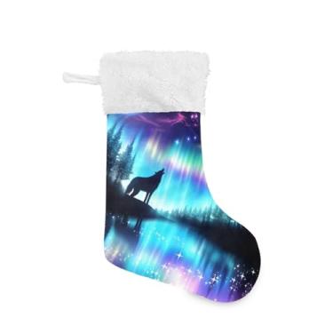 Imagem de Blueangle Pacote com 2 meias de Natal de lobo Aurora Boreal de 17,7 polegadas para decorações de festas de fim de ano, porta-presentes e meias (183)