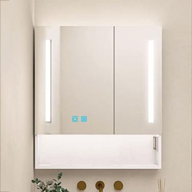 Imagem de SPXMQSS Armário de banheiro de LED, gabinete com espelho de LED, inteligente, antiembaçamento, luz ambiente com prateleiras, armário de espelho de banheiro com soquete USB 60 x 90 x 13 cm