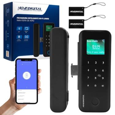 Imagem de Fechadura Inteligente Wi-Fi para Porta de Vidro SL-Lumi Novadigital, Preto, com Biometria e Cartão NFC, Instalação Sobrepor, Tuya Smart e Smart Life