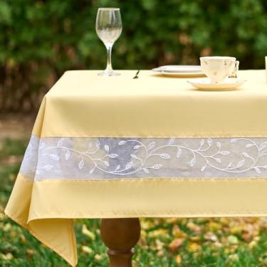 Imagem de youngseahome Toalha de mesa de tecido resistente com borda de renda bordada requintada - à prova d'água/resistente a vincos - para jantar, interior e exterior, casamento, férias, amarelo, retangular