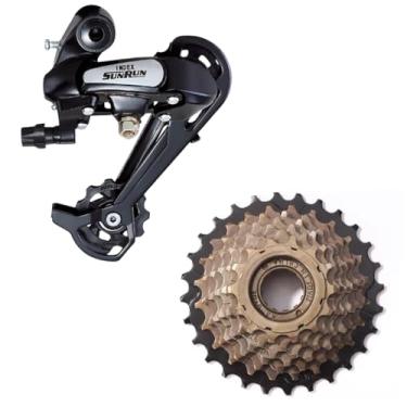 Imagem de Kit Cambio Traseiro 7 / 8 Velocidades Sunrun 43D Index Cage Longo + Catraca Roda Livre 7 Velocidade 14/28 Indexada