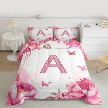 Imagem de jejeloiu Conjunto de edredom solteiro com estampa de borboleta, monograma, para crianças, adolescentes, letra A, lindas borboletas, decoração de quarto, flor, 2 peças com 1 fronha