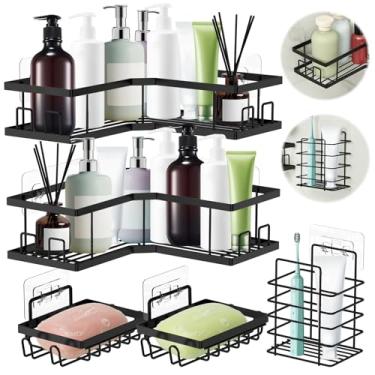 Imagem de Organizador de chuveiro de canto de 5 peças, organizador de chuveiro de aço inoxidável com suporte de sabonete, prateleiras de parede adesivas sem perfuração, sem rastros, chuveiros de banheiro