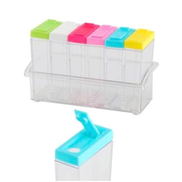 Imagem de Kit 6 Porta Condimentos Temperos com Tampa Colorida, Organizador Transparente com Suporte