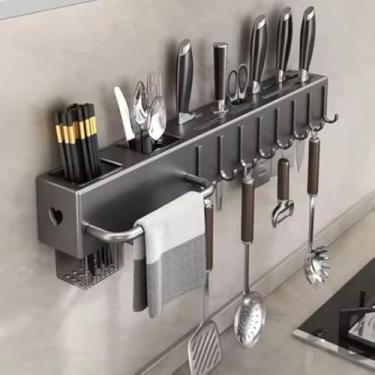 Imagem de Suporte de cozinha com ganchos, utensilios de organizacao, moderno, cinza, completo, eficaz, versatil, bonito.
