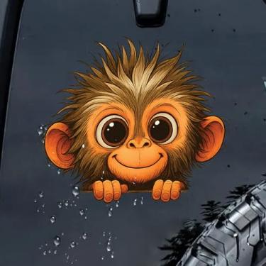 Imagem de Decalque de janela de carro de macaco fofo – Adesivo de vinil de desenho animado laranja e marrom de 22 x 23 cm, gráfico decorativo de animais à prova d'água para janelas de veículos e mais