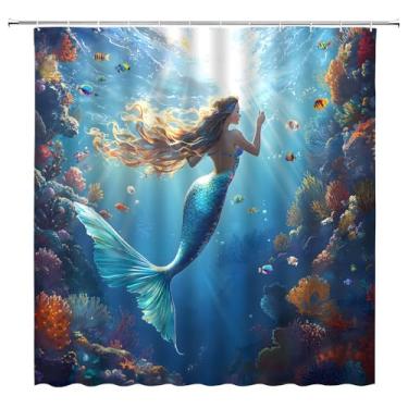 Imagem de UOZXOML Cortina de chuveiro fantasia sereia azul oceano tropical peixe coral recife submarino vida marinha mar praia tecido náutico decoração de banheiro cortinas com ganchos, 177 x 177