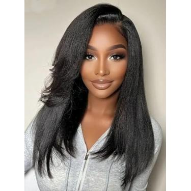 Imagem de Emistar Peruca frontal de renda sintética sem cola, peruca de renda de 33 x 15 cm pré-arrancada com cabelo de bebê, perucas pretas naturais lisas Yaki para mulheres negras 66 cm prontas para usar para