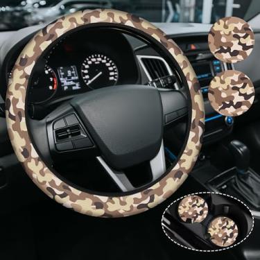 Imagem de Capa de volante camuflada para mulheres e homens, antiderrapante de neoprene de alta elasticidade, acessórios de carro, capas de volante, universal de 38 cm para carros, SUVS, inclui 2 porta-copos de
