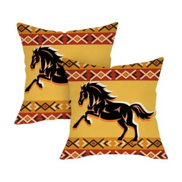 Imagem de Fjfz Conjunto de 2 capas de almofada decorativas de cavalo preto ocidental, 45,7 x 45,7 cm, decoração de casa ao ar livre, alpendre geométrico, boêmio, sudoeste, sofá, capa de almofada, presente de