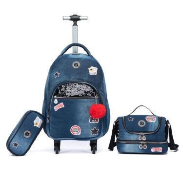 Imagem de Mochila Rodinhas Feminina Estojo Lancheira Espaçosa Escola Resistente-Feminino