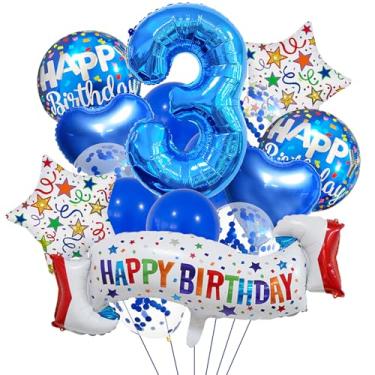 Imagem de Conjunto de decoração de 3º aniversário azul, balão de coração azul, balão colorido de feliz aniversário para meninas, meninos, crianças, adultos, artigos de festa, meninos, azul, número 3, balões
