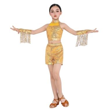Imagem de ORIDOOR Fantasias de dança com lantejoulas, top cropped com lantejoulas, shorts de metal, roupas de dança hip-hop e jazz para meninas, Dourado, 9-10 Anos