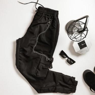 Imagem de Calça Cargo Jovem Mulher com Bolso Grande 3D e Corrente Prateada Cor:P