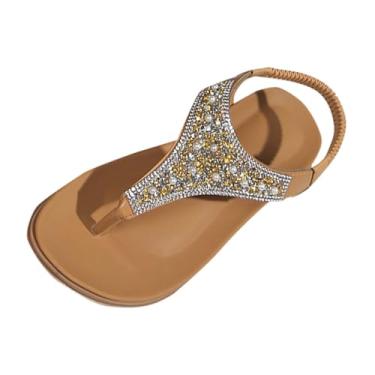 Imagem de Sandálias rasteiras elásticas de strass para mulheres, casual, primavera e verão, praia com sola de poliuretano, Marrom, 35