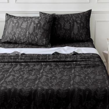 Imagem de Homilay Conjunto de lençóis de percal 100% algodão orgânico, tamanho king size 4 peças, roupa de cama respirável e durável de qualidade hoteleira, lençol de cama floral botânico com bolso profundo de