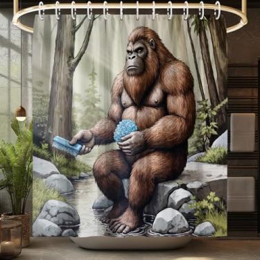 Imagem de KAIRA Cortina de chuveiro engraçada de pé grande 182 x 182 cm com ganchos, decoração de banheiro vintage Sasquatch para acampamento de cabana, tecido de poliéster impermeável de animais hilários