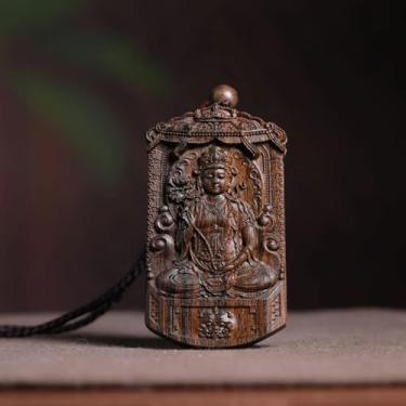 Imagem de FENNYYAR Colar com pingente de estátua de Buda Mahasthamaprapta esculpida à mão em madeira de ágar cavalo do zodíaco guardião