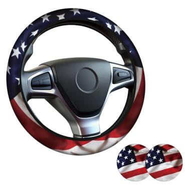 Imagem de Capa de volante com bandeira americana para mulheres e homens, acessórios antiderrapantes de neoprene de alta elasticidade, capas de volante, universal de 38 cm para carros, SUVS, inclui 2 porta-copos