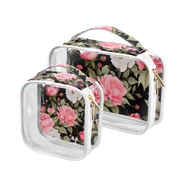 Imagem de GAIGEO Conjunto de bolsa cosmética transparente de flor de peônia rosa, bolsa de cosméticos com zíper duplo, bolsa de higiene pessoal tamanho viagem para mulheres, pacote com 2, Rosas e folhas rosas