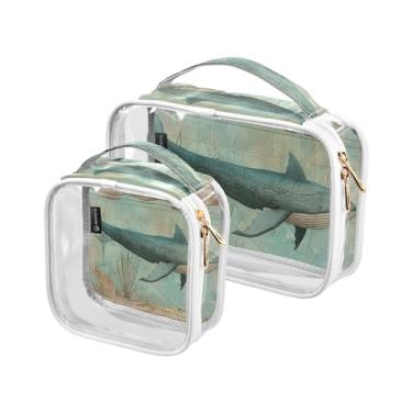 Imagem de GAIGEO Conjunto de bolsa cosmética transparente de baleia marinha com textura retrô, bolsa de viagem para cuidados com a pele, acessórios de viagem cosméticos, pacote com 2, Textura retrô baleia