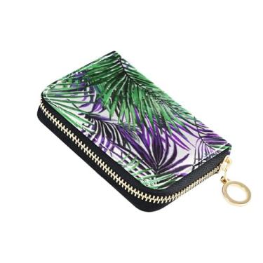 Imagem de Carteira feminina divertida de couro com bloqueio de RFID, carteira de cartão de crédito, verde, roxo, folhas de palmeira, zíper e chaveiro