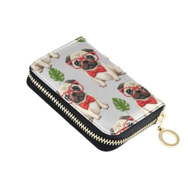 Imagem de Porta-cartões de crédito com bloqueio de RFID, carteira feminina com zíper pequeno, carteira de viagem com chaveiro, adoráveis cães pug gravatas vermelhas