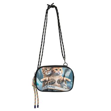 Imagem de TSENQUE Funny Cats Titanic Kitten Bolsas transversais pequenas para mulheres bolsa de viagem pequena bolsa de ombro pochete carteira para celular